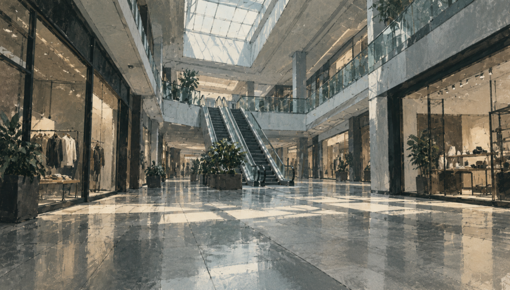 Shopping vazio, lojas em silêncio